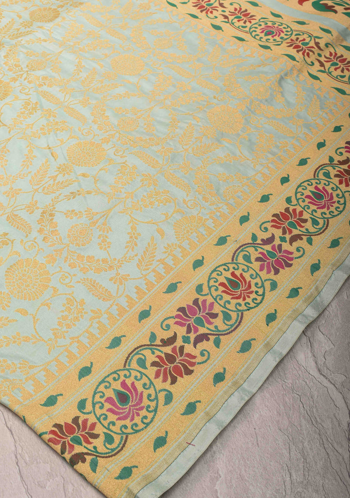 Sage Green Banarasi Katan Silk Saree with Floral Jaal and Paithani Style Meenakari Borders | SILK MARK CERTIFIED