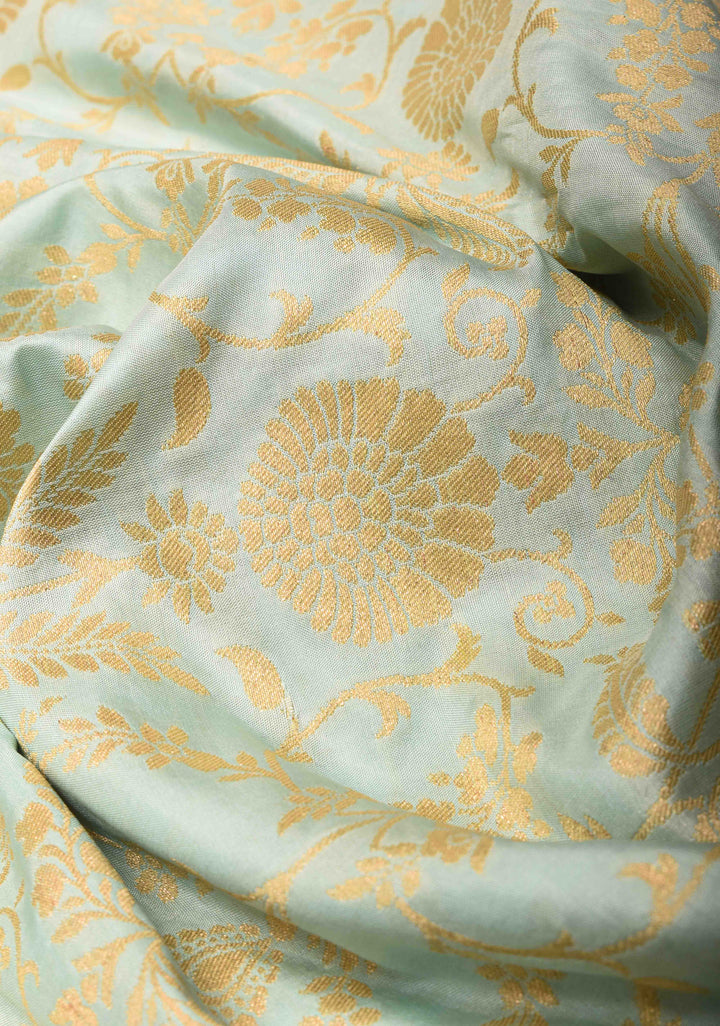 Sage Green Banarasi Katan Silk Saree with Floral Jaal and Paithani Style Meenakari Borders | SILK MARK CERTIFIED
