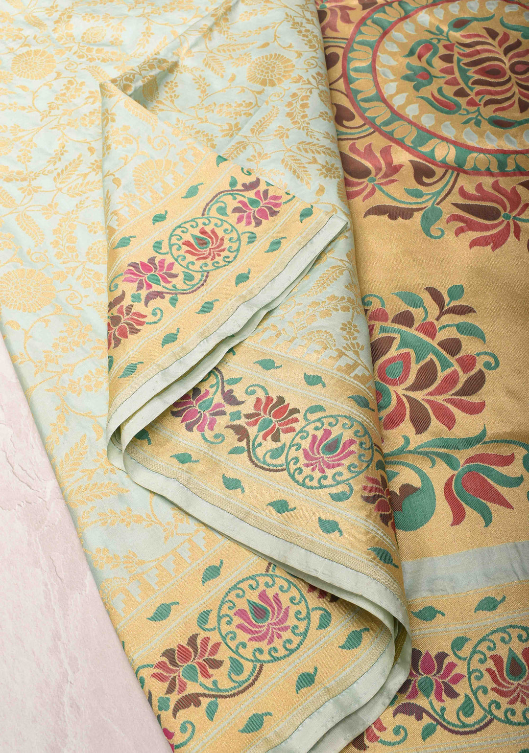 Sage Green Banarasi Katan Silk Saree with Floral Jaal and Paithani Style Meenakari Borders | SILK MARK CERTIFIED
