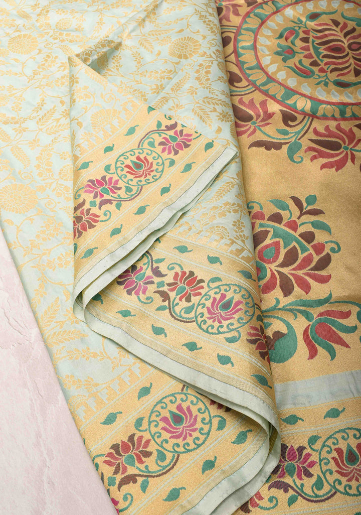 Sage Green Banarasi Katan Silk Saree with Floral Jaal and Paithani Style Meenakari Borders | SILK MARK CERTIFIED