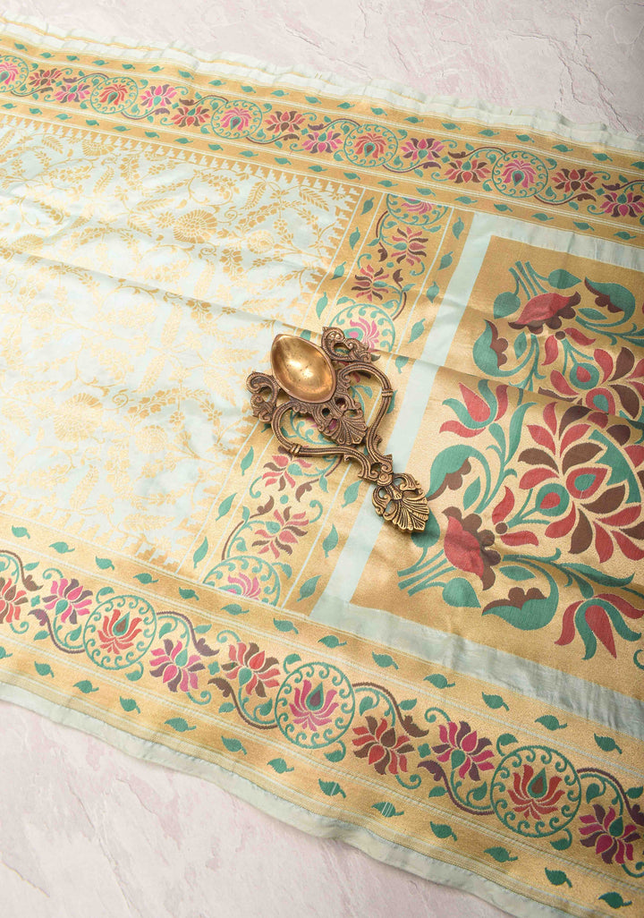 Sage Green Banarasi Katan Silk Saree with Floral Jaal and Paithani Style Meenakari Borders | SILK MARK CERTIFIED