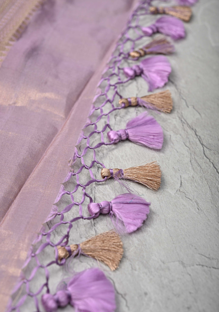 Dusty Lavender Tissue Banarasi Silk Saree with Alfi Motifs and Zari Border | SILK MARK CERTIFIED