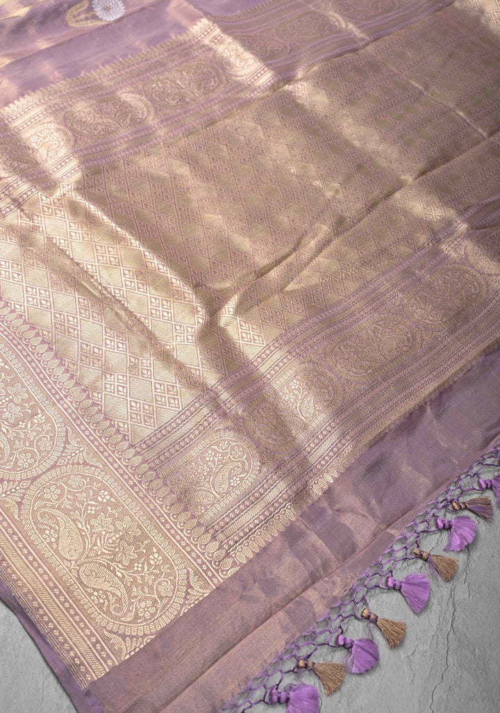 Dusty Lavender Tissue Banarasi Silk Saree with Alfi Motifs and Zari Border | SILK MARK CERTIFIED