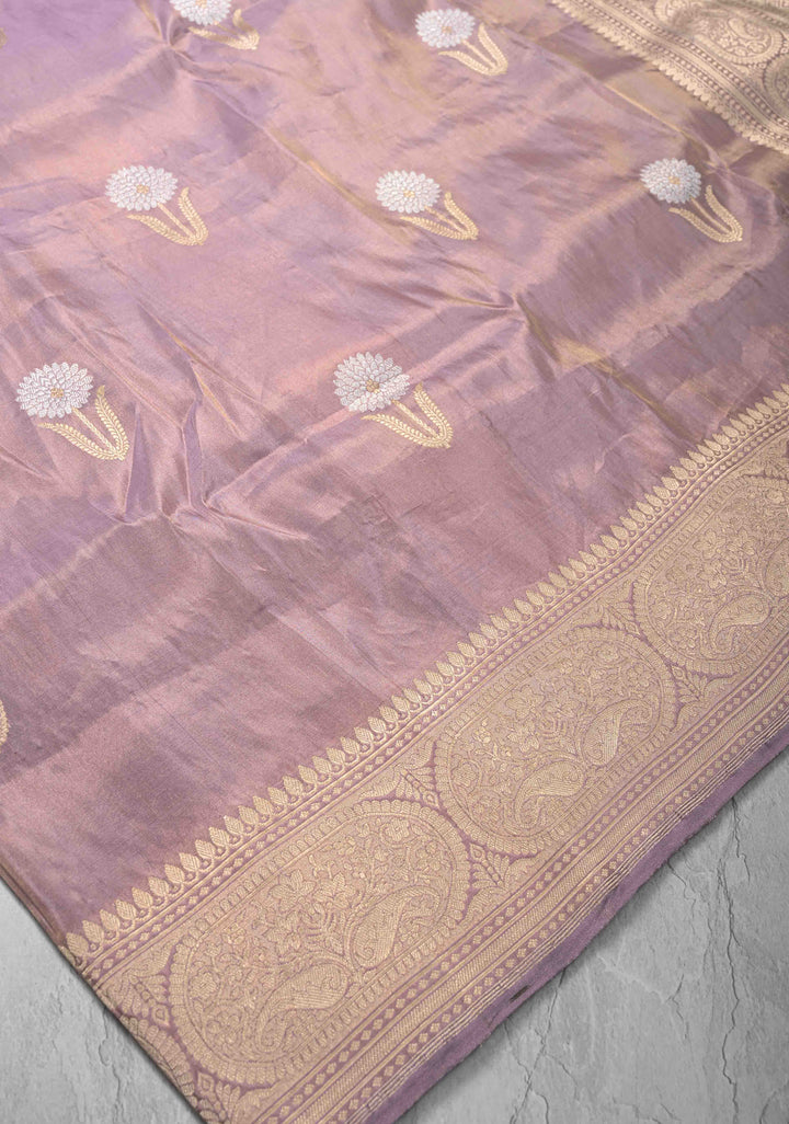 Dusty Lavender Tissue Banarasi Silk Saree with Alfi Motifs and Zari Border | SILK MARK CERTIFIED