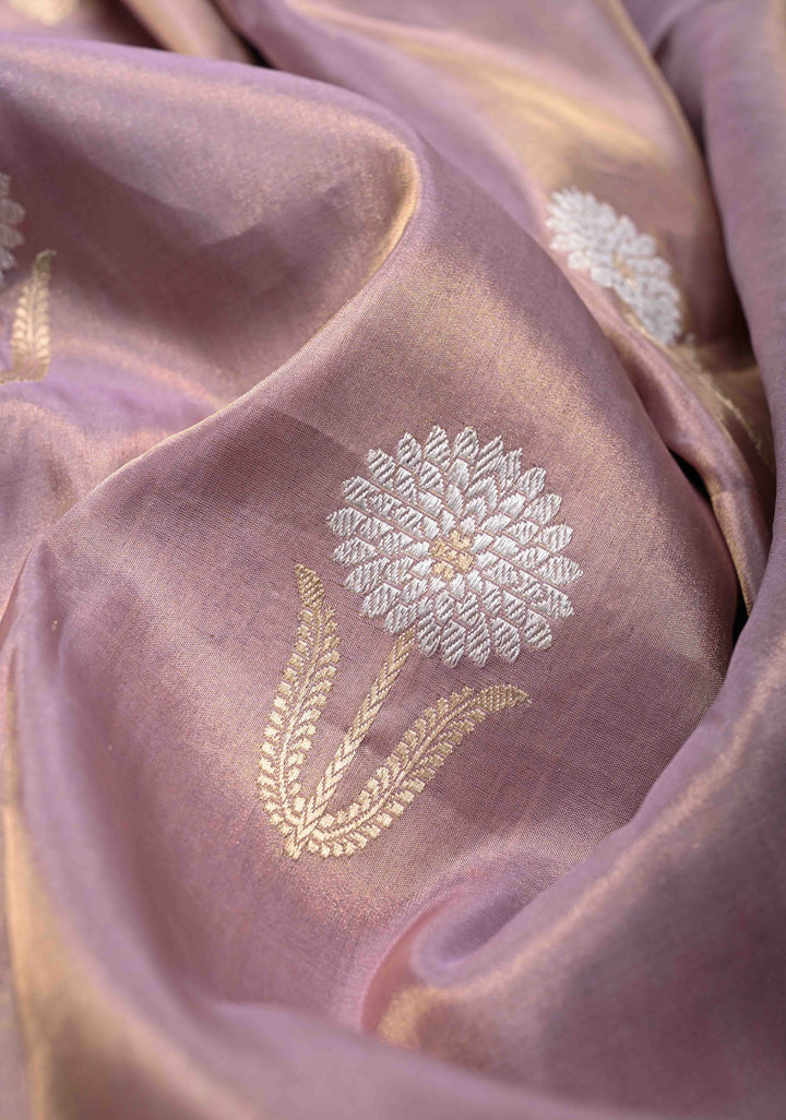 Dusty Lavender Tissue Banarasi Silk Saree with Alfi Motifs and Zari Border | SILK MARK CERTIFIED