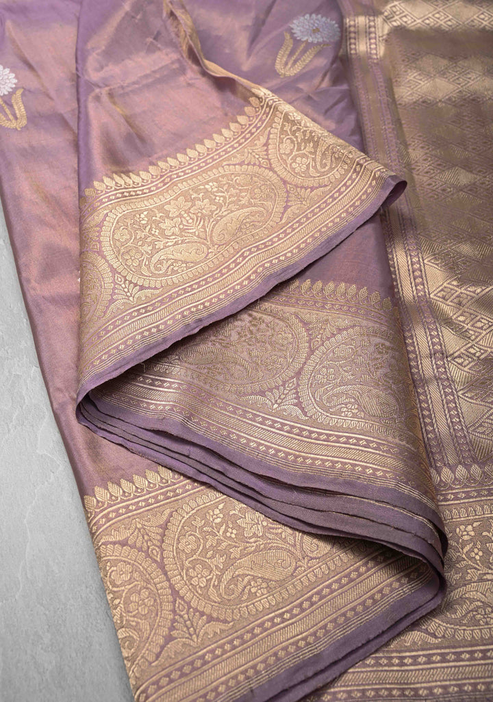 Dusty Lavender Tissue Banarasi Silk Saree with Alfi Motifs and Zari Border | SILK MARK CERTIFIED