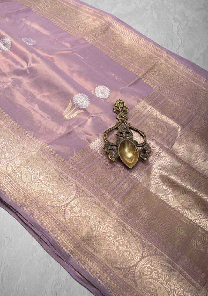 Dusty Lavender Tissue Banarasi Silk Saree with Alfi Motifs and Zari Border | SILK MARK CERTIFIED