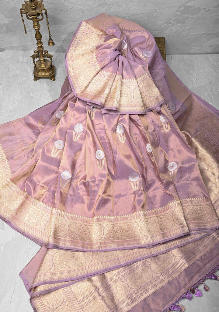 Dusty Lavender Tissue Banarasi Silk Saree with Alfi Motifs and Zari Border | SILK MARK CERTIFIED