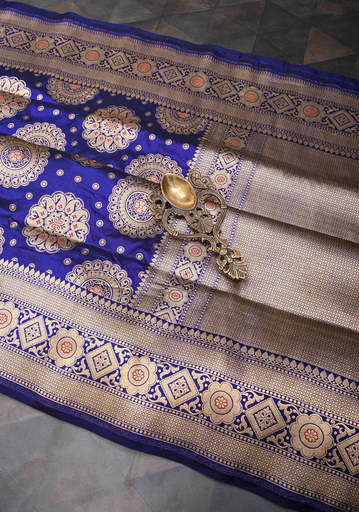 Ink Blue Pure Banarasi Katan Silk Saree with Meenakari Mandala Brocade and Zari Border | SILK MARK CERTIFIED