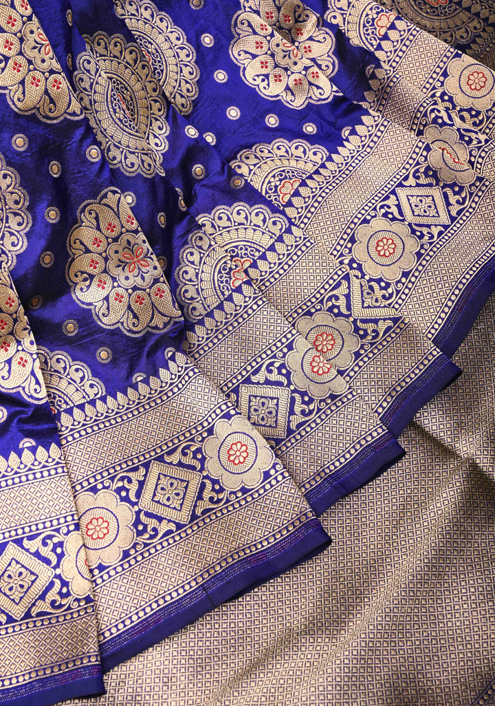Ink Blue Pure Banarasi Katan Silk Saree with Meenakari Mandala Brocade and Zari Border | SILK MARK CERTIFIED