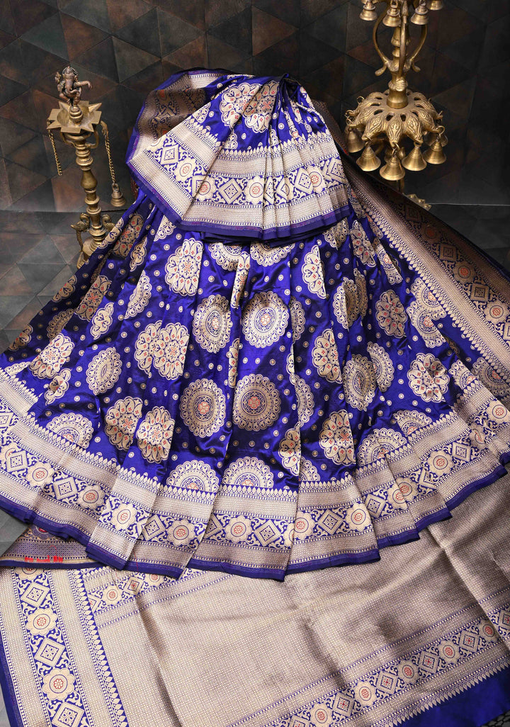 Ink Blue Pure Banarasi Katan Silk Saree with Meenakari Mandala Brocade and Zari Border | SILK MARK CERTIFIED