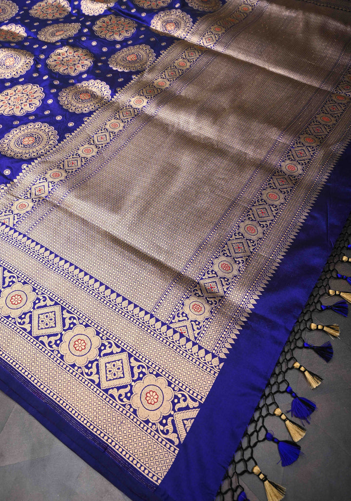 Ink Blue Pure Banarasi Katan Silk Saree with Meenakari Mandala Brocade and Zari Border | SILK MARK CERTIFIED