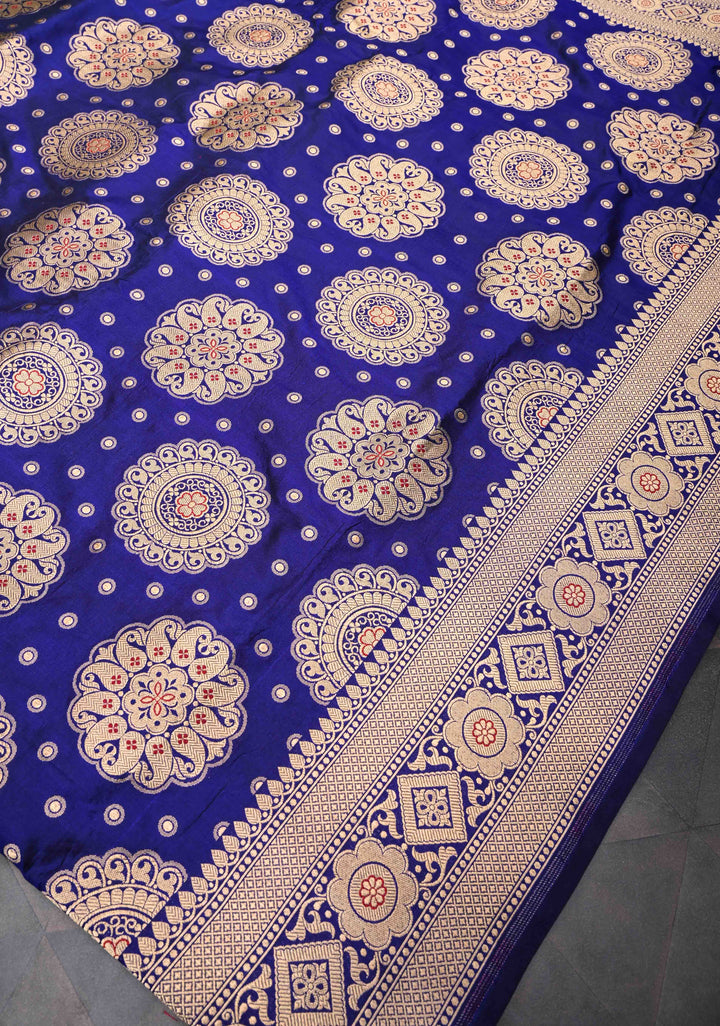 Ink Blue Pure Banarasi Katan Silk Saree with Meenakari Mandala Brocade and Zari Border | SILK MARK CERTIFIED
