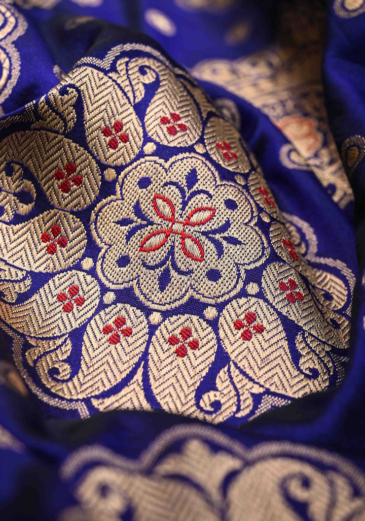 Ink Blue Pure Banarasi Katan Silk Saree with Meenakari Mandala Brocade and Zari Border | SILK MARK CERTIFIED