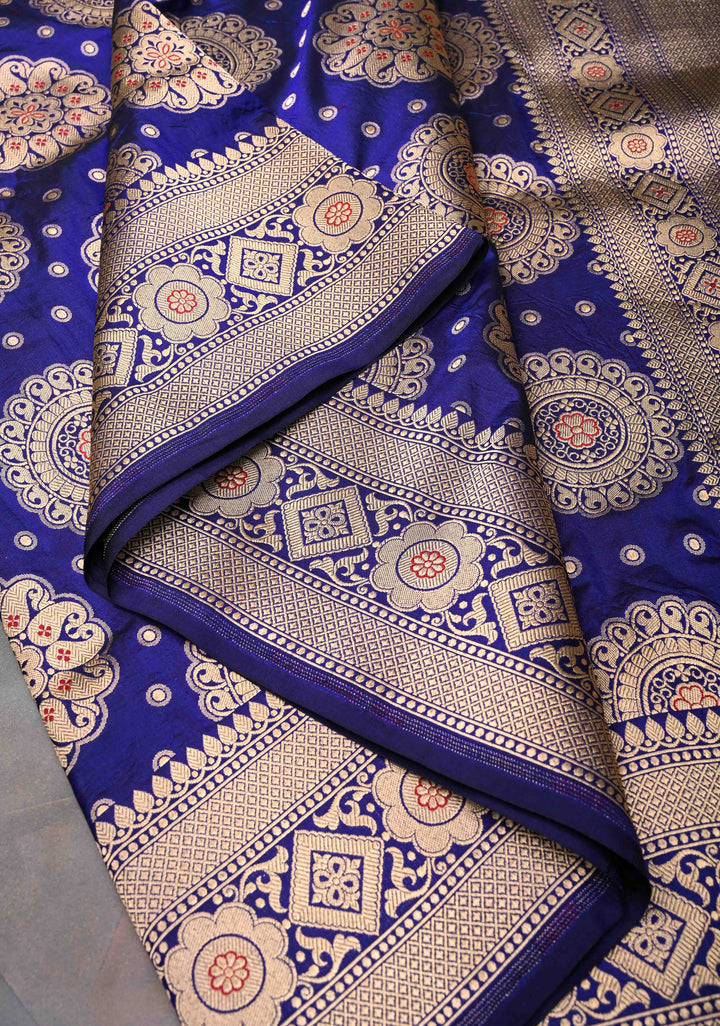 Ink Blue Pure Banarasi Katan Silk Saree with Meenakari Mandala Brocade and Zari Border | SILK MARK CERTIFIED