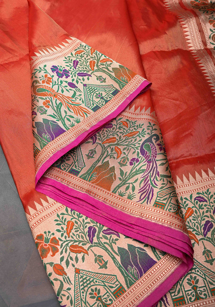 Exquisite Burnt Orange Tissue Banarasi Silk Saree with Paithani Style Zari Border | SILK MARK CERTIFIED