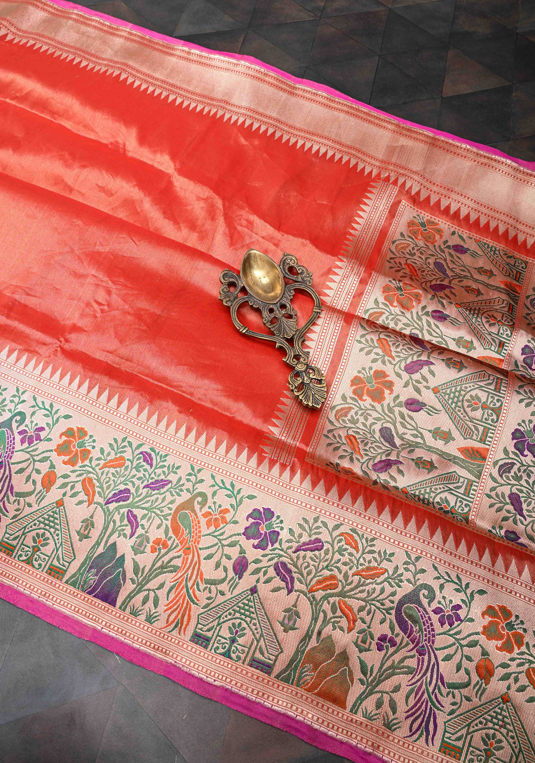 Exquisite Burnt Orange Tissue Banarasi Silk Saree with Paithani Style Zari Border | SILK MARK CERTIFIED