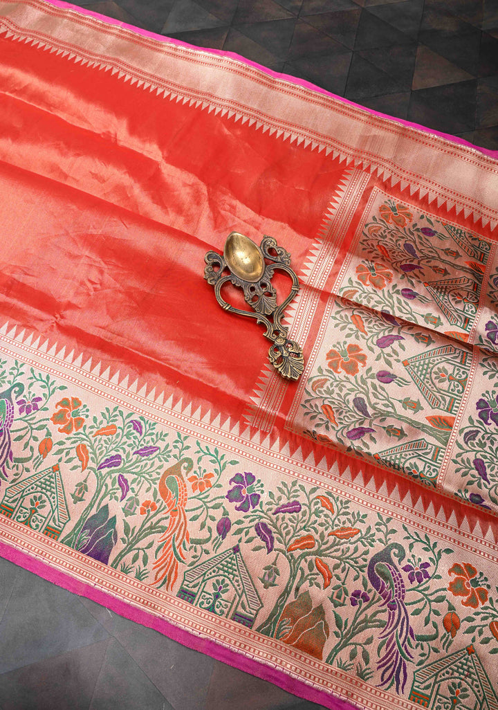 Exquisite Burnt Orange Tissue Banarasi Silk Saree with Paithani Style Zari Border | SILK MARK CERTIFIED