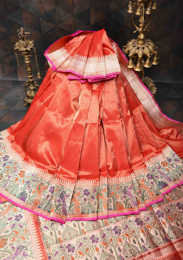 Exquisite Burnt Orange Tissue Banarasi Silk Saree with Paithani Style Zari Border | SILK MARK CERTIFIED