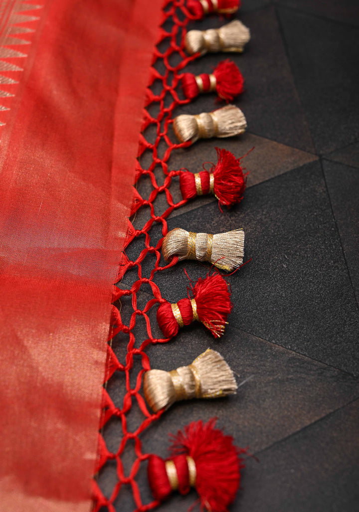 Exquisite Burnt Orange Tissue Banarasi Silk Saree with Paithani Style Zari Border | SILK MARK CERTIFIED