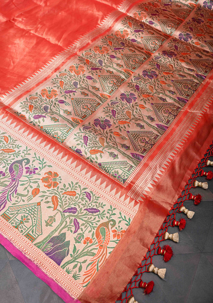 Exquisite Burnt Orange Tissue Banarasi Silk Saree with Paithani Style Zari Border | SILK MARK CERTIFIED