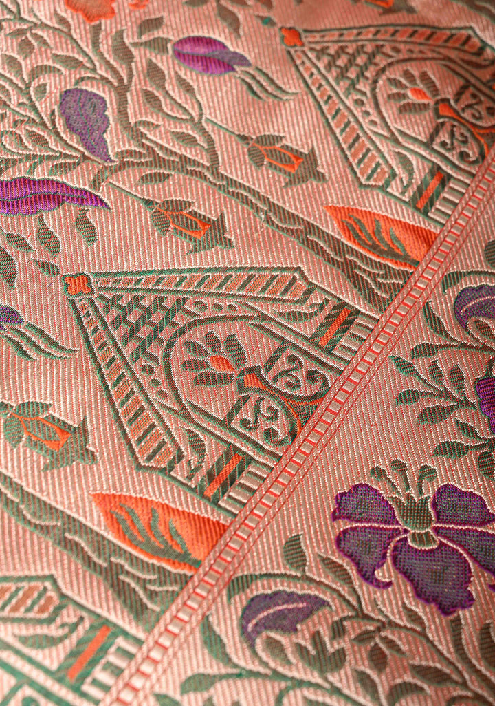 Exquisite Burnt Orange Tissue Banarasi Silk Saree with Paithani Style Zari Border | SILK MARK CERTIFIED