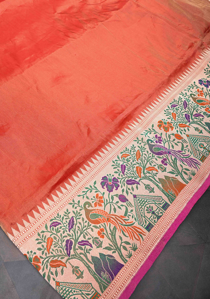 Exquisite Burnt Orange Tissue Banarasi Silk Saree with Paithani Style Zari Border | SILK MARK CERTIFIED