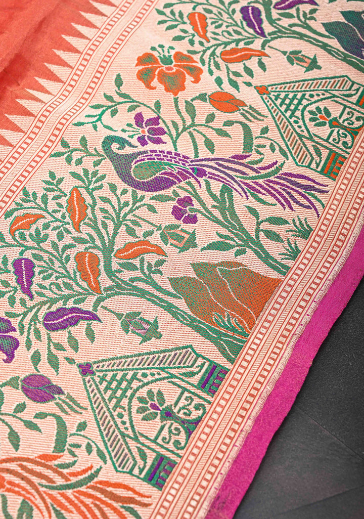 Exquisite Burnt Orange Tissue Banarasi Silk Saree with Paithani Style Zari Border | SILK MARK CERTIFIED