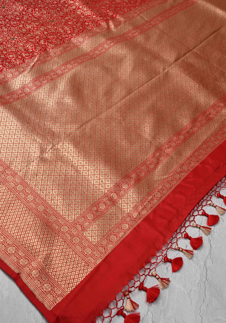 Blood Red Banarasi Katan Silk Saree with Meenakari Floral Brocade and Zari Border | SILK MARK CERTIFIED