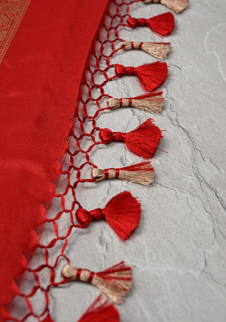 Blood Red Banarasi Katan Silk Saree with Meenakari Floral Brocade and Zari Border | SILK MARK CERTIFIED