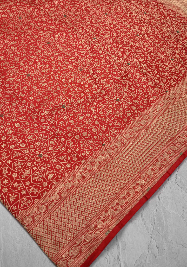 Blood Red Banarasi Katan Silk Saree with Meenakari Floral Brocade and Zari Border | SILK MARK CERTIFIED