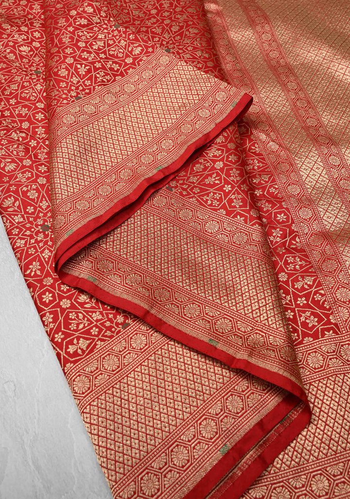 Blood Red Banarasi Katan Silk Saree with Meenakari Floral Brocade and Zari Border | SILK MARK CERTIFIED