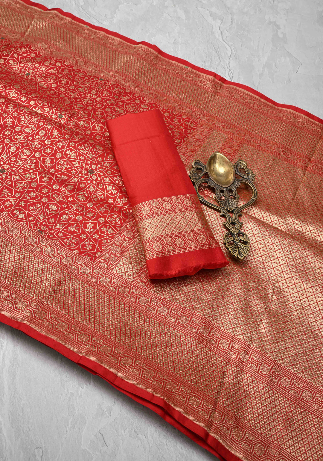 Blood Red Banarasi Katan Silk Saree with Meenakari Floral Brocade and Zari Border | SILK MARK CERTIFIED