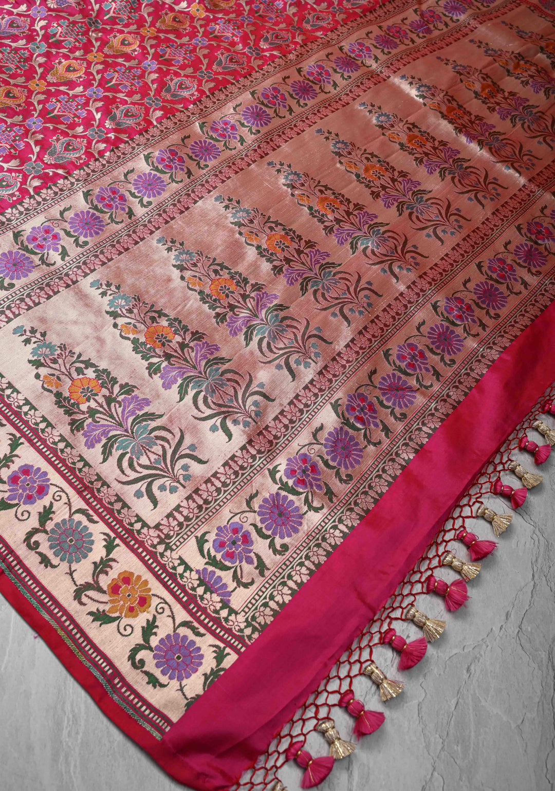 Exquisite Meenakari Banarasi Katan Silk Saree in Hot Pink with Floral Brocade Jaal and Border | SILK MARK CERTIFIED