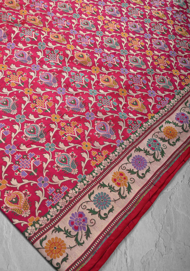 Exquisite Meenakari Banarasi Katan Silk Saree in Hot Pink with Floral Brocade Jaal and Border | SILK MARK CERTIFIED