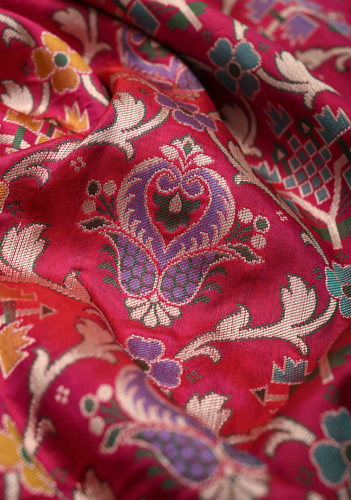 Exquisite Meenakari Banarasi Katan Silk Saree in Hot Pink with Floral Brocade Jaal and Border | SILK MARK CERTIFIED