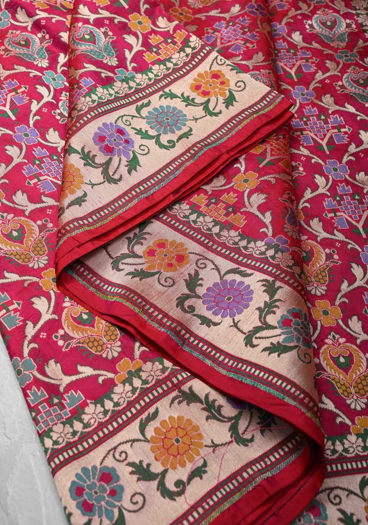 Exquisite Meenakari Banarasi Katan Silk Saree in Hot Pink with Floral Brocade Jaal and Border | SILK MARK CERTIFIED