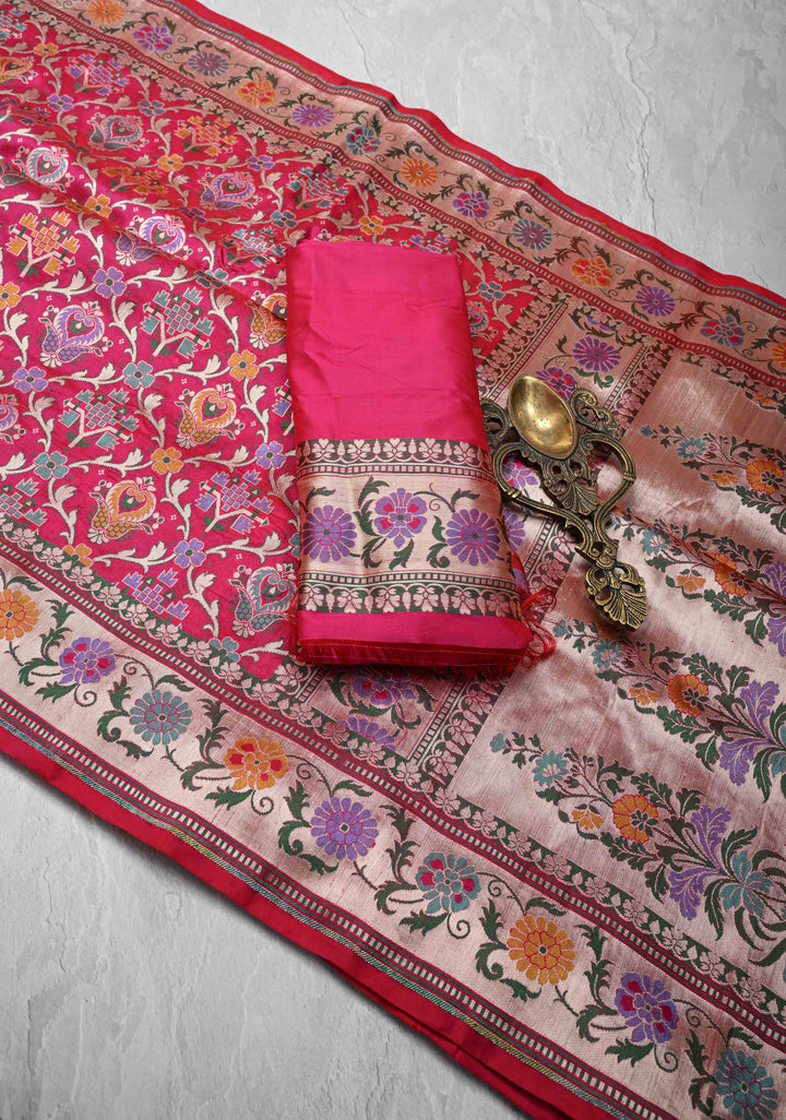 Exquisite Meenakari Banarasi Katan Silk Saree in Hot Pink with Floral Brocade Jaal and Border | SILK MARK CERTIFIED