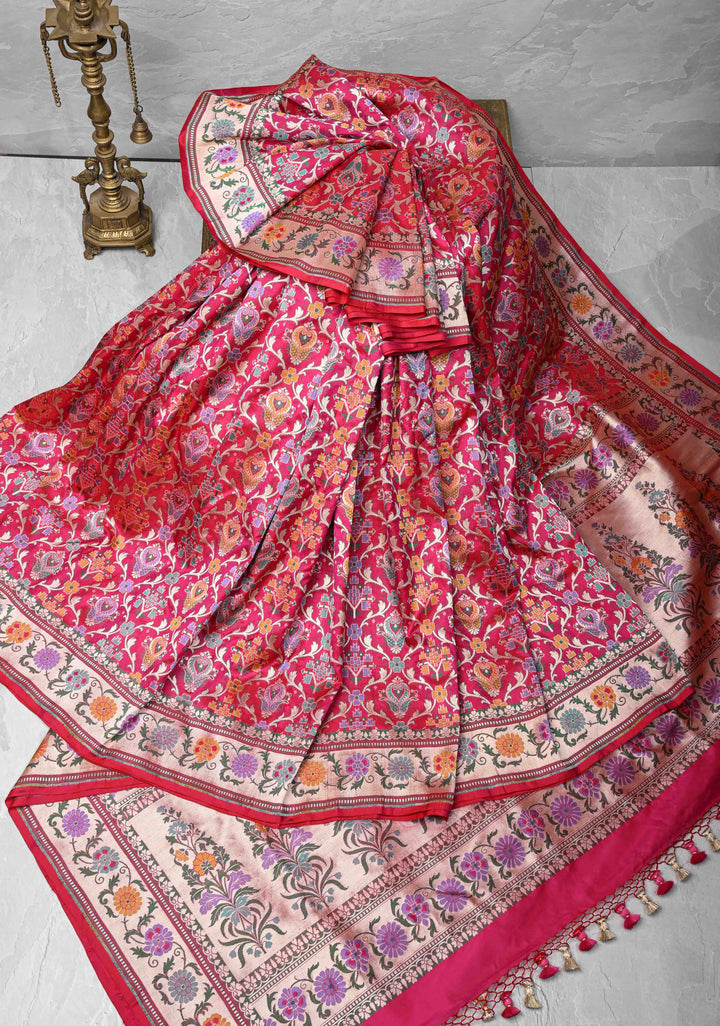 Exquisite Meenakari Banarasi Katan Silk Saree in Hot Pink with Floral Brocade Jaal and Border | SILK MARK CERTIFIED