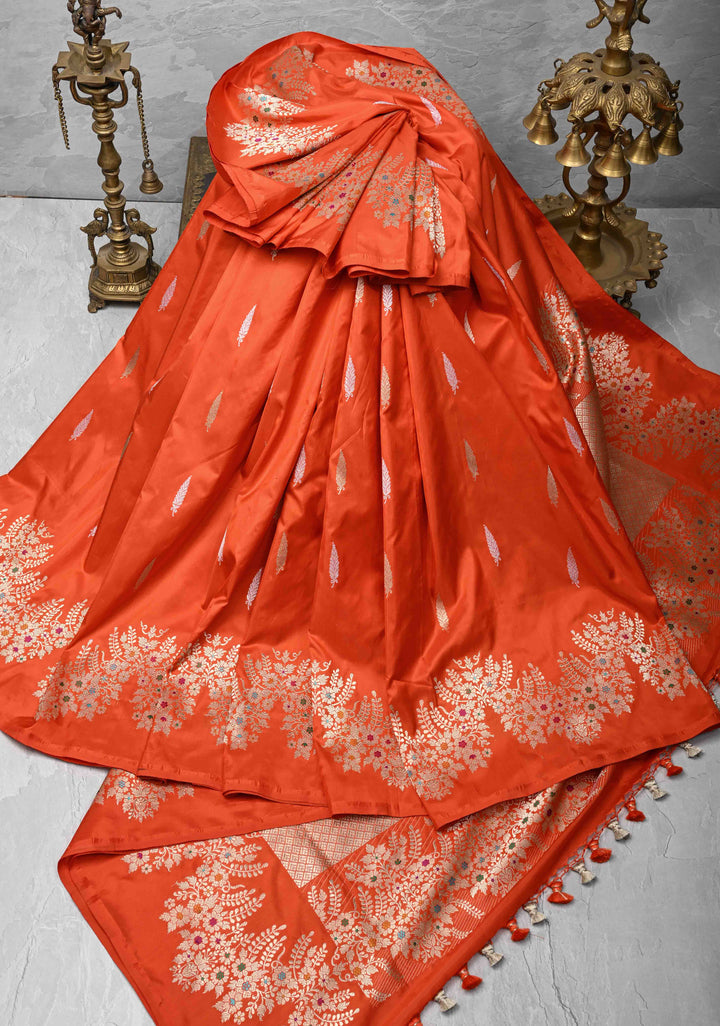 Exquisite Fanta Orange Banarasi Katan Silk Saree with Sona Rupa Buttas and Trendy Meenakari Scallop Border | SILK MARK CERTIFIED