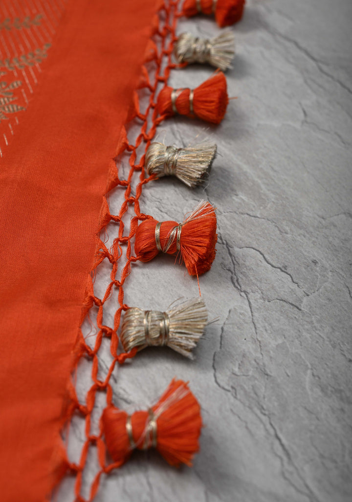 Exquisite Fanta Orange Banarasi Katan Silk Saree with Sona Rupa Buttas and Trendy Meenakari Scallop Border | SILK MARK CERTIFIED