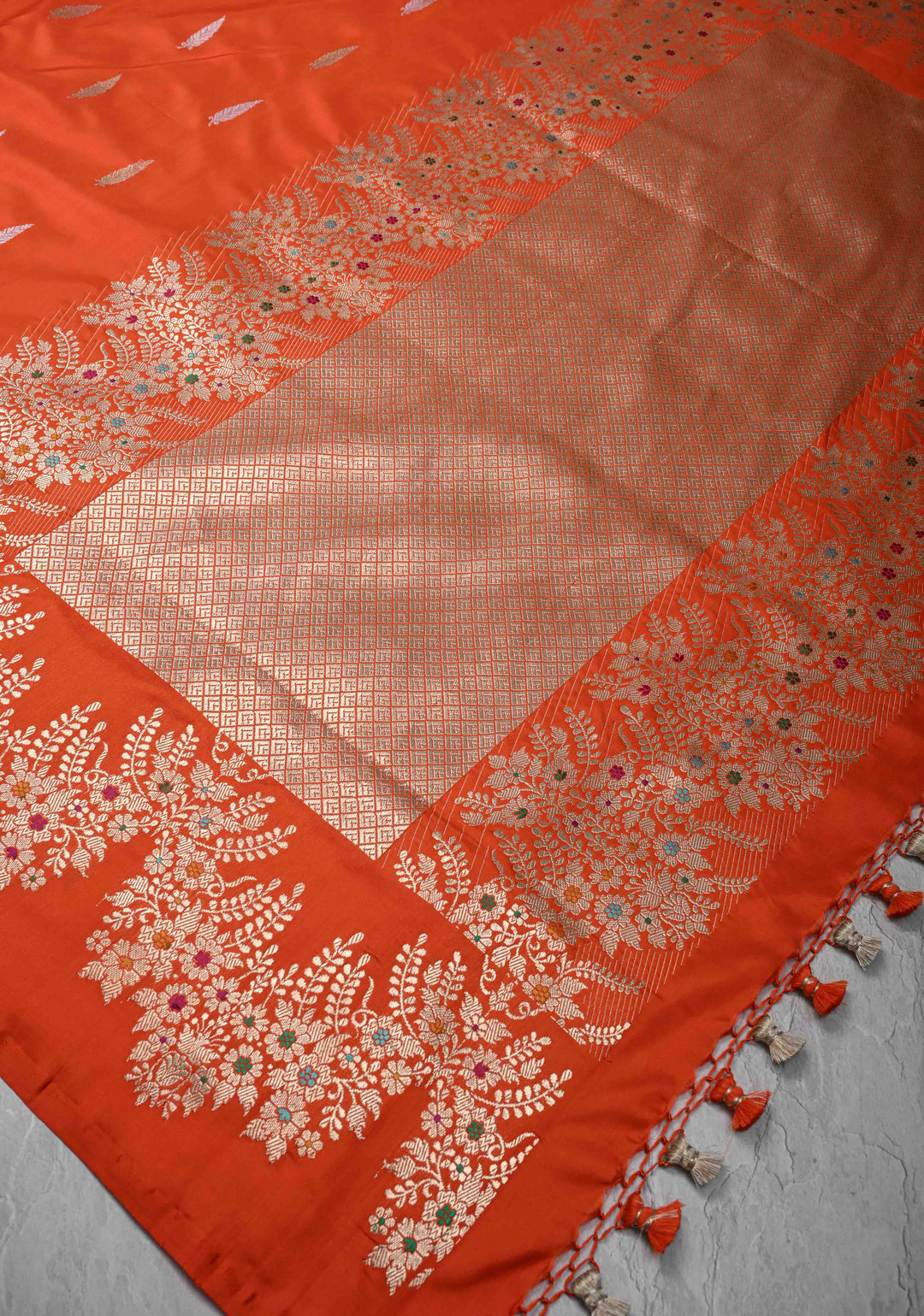 Exquisite Fanta Orange Banarasi Katan Silk Saree with Sona Rupa Buttas and Trendy Meenakari Scallop Border | SILK MARK CERTIFIED