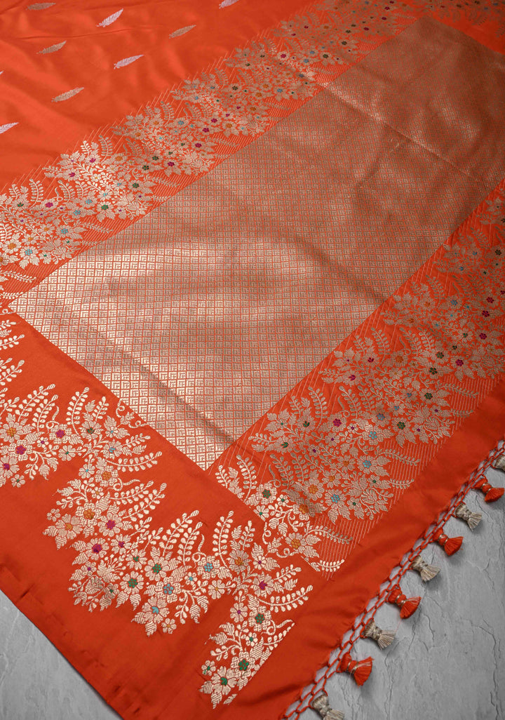 Exquisite Fanta Orange Banarasi Katan Silk Saree with Sona Rupa Buttas and Trendy Meenakari Scallop Border | SILK MARK CERTIFIED