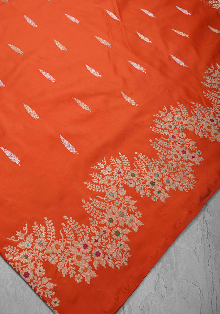 Exquisite Fanta Orange Banarasi Katan Silk Saree with Sona Rupa Buttas and Trendy Meenakari Scallop Border | SILK MARK CERTIFIED