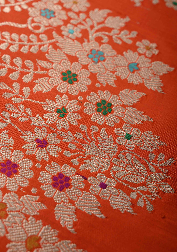 Exquisite Fanta Orange Banarasi Katan Silk Saree with Sona Rupa Buttas and Trendy Meenakari Scallop Border | SILK MARK CERTIFIED