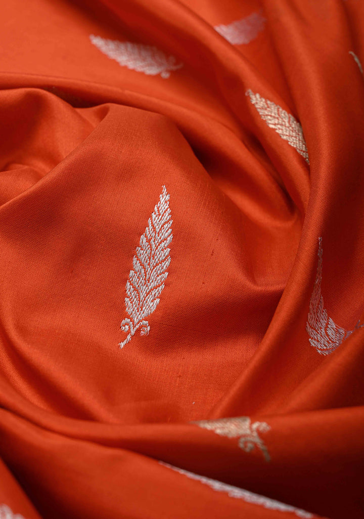 Exquisite Fanta Orange Banarasi Katan Silk Saree with Sona Rupa Buttas and Trendy Meenakari Scallop Border | SILK MARK CERTIFIED