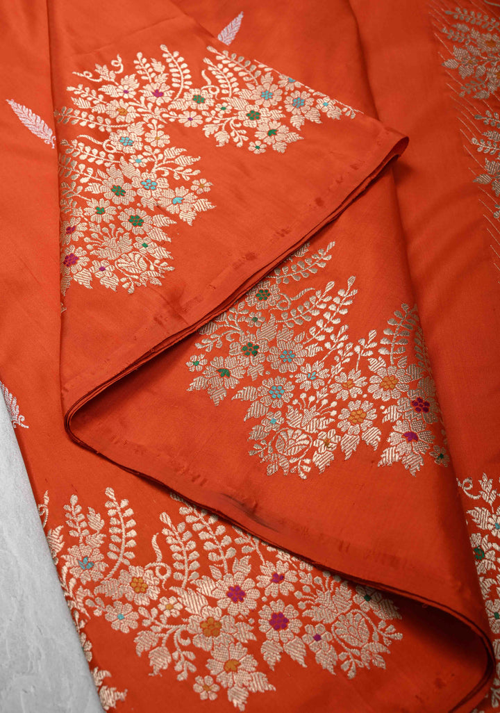 Exquisite Fanta Orange Banarasi Katan Silk Saree with Sona Rupa Buttas and Trendy Meenakari Scallop Border | SILK MARK CERTIFIED