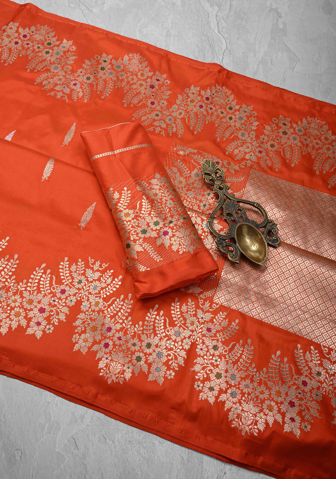 Exquisite Fanta Orange Banarasi Katan Silk Saree with Sona Rupa Buttas and Trendy Meenakari Scallop Border | SILK MARK CERTIFIED
