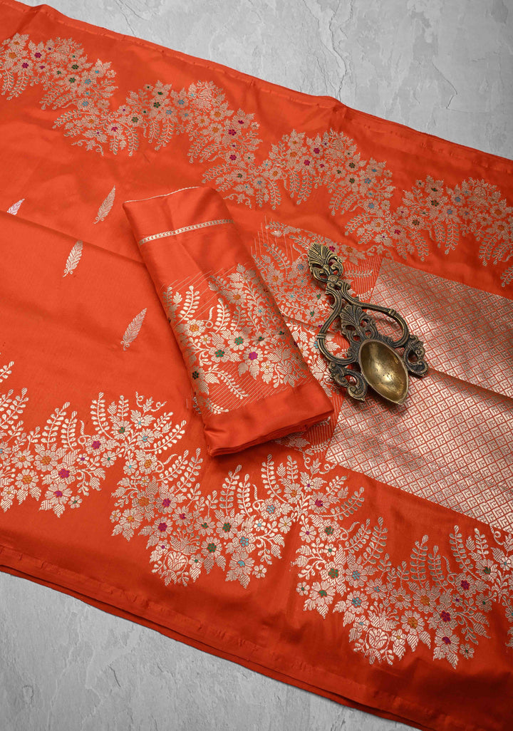 Exquisite Fanta Orange Banarasi Katan Silk Saree with Sona Rupa Buttas and Trendy Meenakari Scallop Border | SILK MARK CERTIFIED