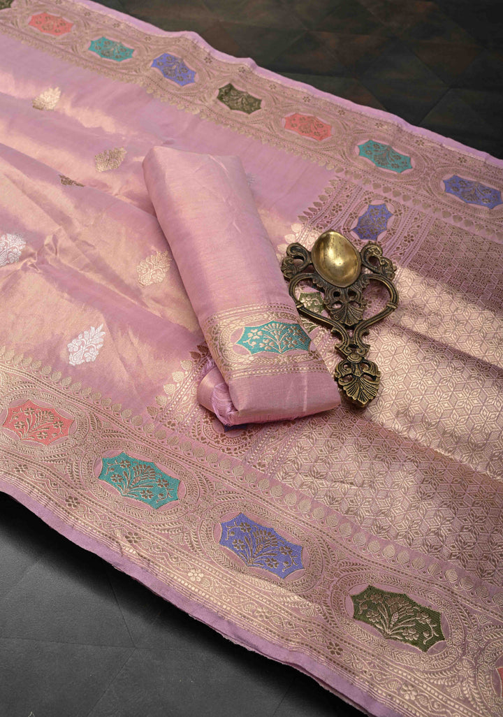 Pink Banarasi Tissue Katan Silk Saree with Sona Rupa and Meenakari Border | SILK MARK CERTIFIED